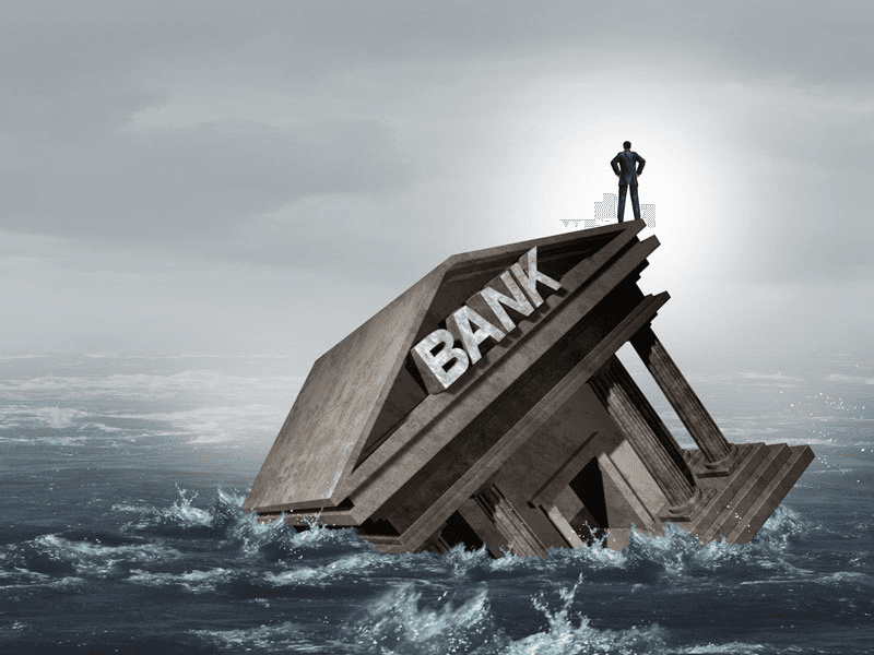 Bank building sinking — 2008 financial crisis metaphor